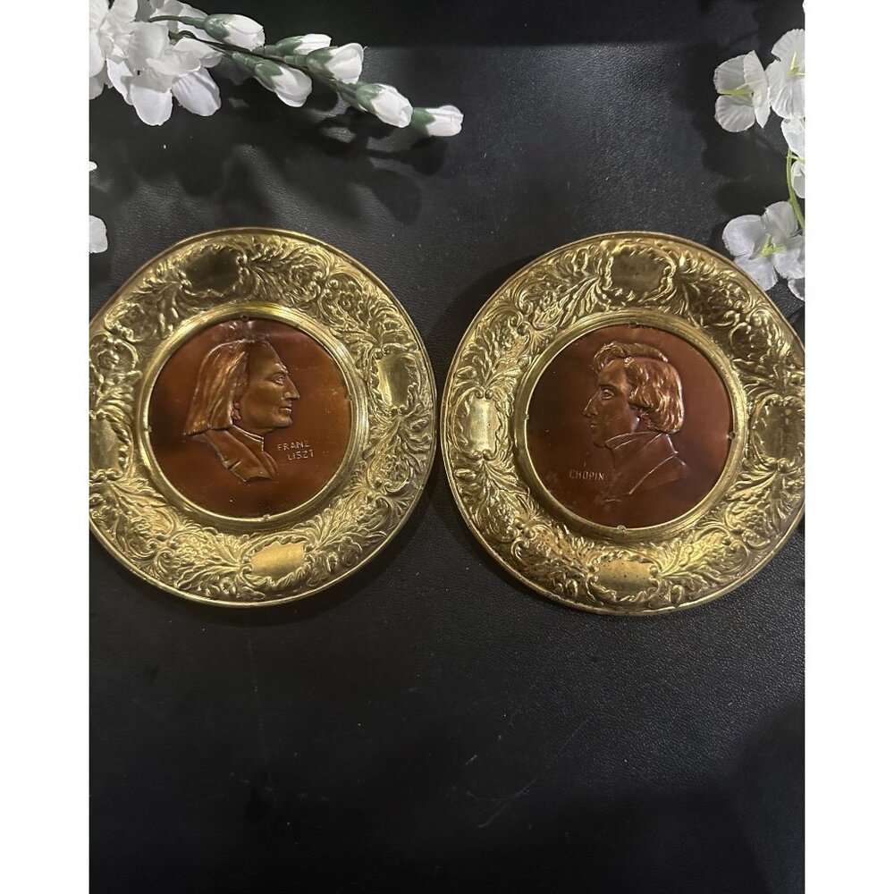 Vintage English Brass Wall Plates W/ Copper Portraits Of Franz Liszt & Chopin